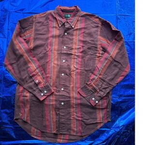 Hunt Club Mens Vintage Striped Cotton Button Down Shirt Burgundy Orange Size M